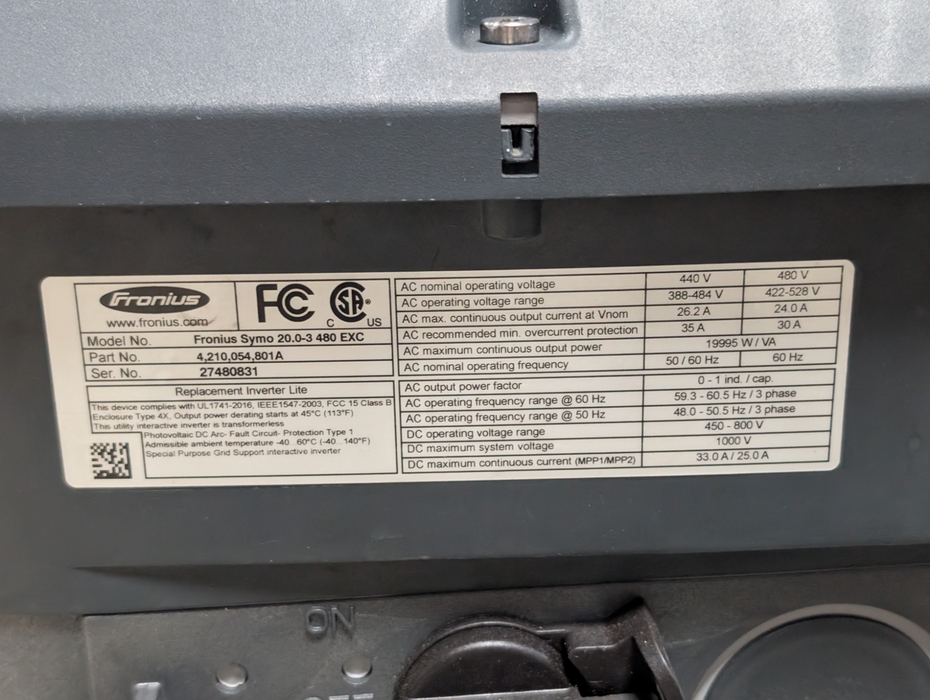 Fronius Symo 20.0-3 480 EXC MPP 20KW Power Inverter  -