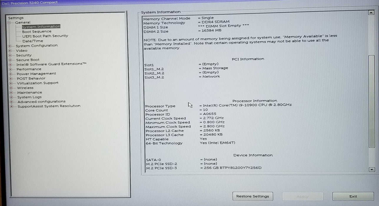 Dell Precision 3240 Compact Core i9-10900 CPU 16GB RAM 256GB NVMe 240W Ac