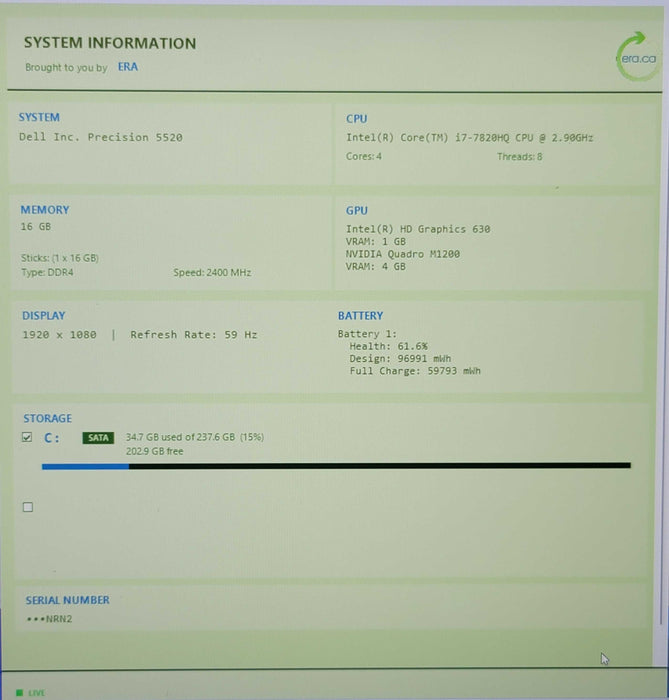 Dell Precision 5520 i7-7820HQ 16GB DDR4 Quadro M1200 256GB M.2  SSD READ β  β Lap200