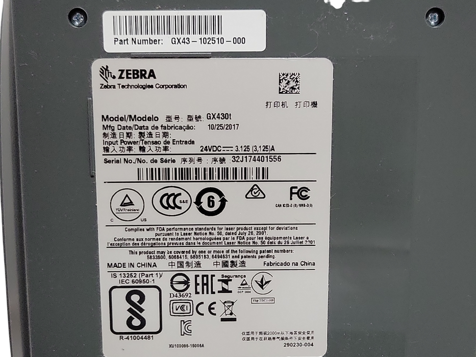 Zebra GX430t Thermal Transfer Label Printer USB GX43-102510-000 _