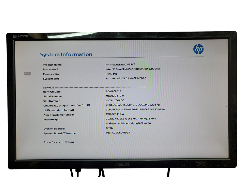 HP ProDesk 600 G5 MT, i5-9500, 8GB DDR4, No HDD, No OS