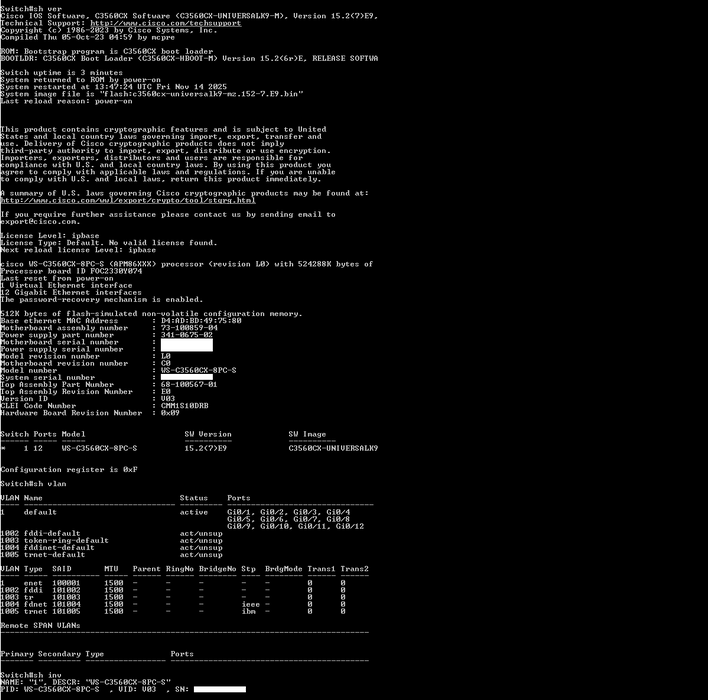 Cisco WS-C3560CX-8PC-S V03, 8-Port Gigabit PoE+ 240W Silent Switch 2x SFP
