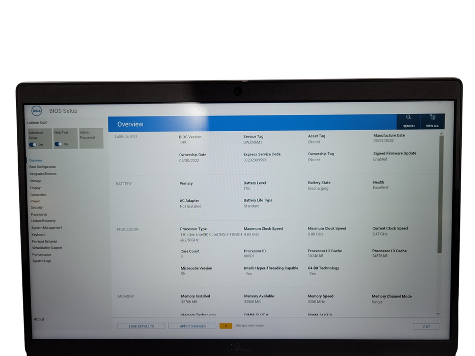 Dell Latitude 5421, i7-11850H 2.50GHz, 32GB DDR4, 256GB NVMe, No PWR ! Lap200