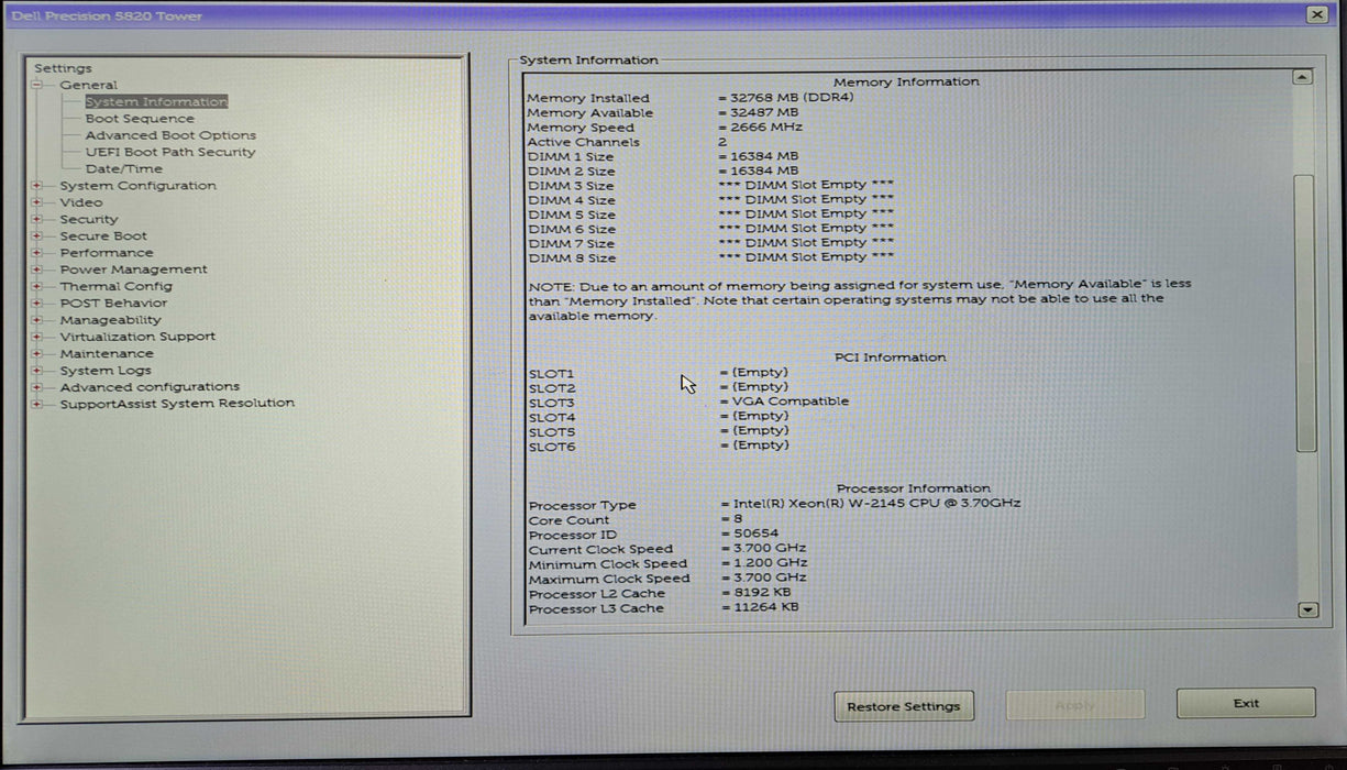 Dell Precision 5820 Tower | Xeon W-2145 @3.70GHz, 32GB DDR4, No GPU/HDD )