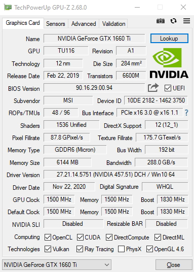 MSI GEFORCE GTX 1660 TI VENTUS XS 6G OC 6GB GDDR6 GRAPHICS CARD