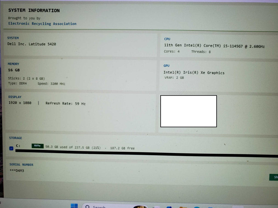 Dell Latitude 5420 15" Core i5-1145G7@2.60GHz 16GB RAM 256GB SSD  Lap200