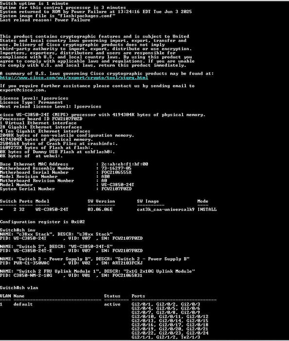 Cisco WS-C3850-24-T-S 24 Port Gigabit Switch w/ C3850-NM-2-10G, 1x PSU _