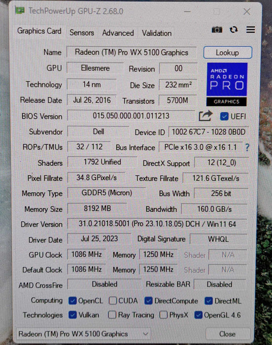 AMD Radeon Pro WX 5100 8GB GDDR5 Graphics Card | 4x DisplayPort )