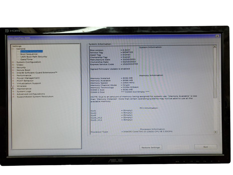 Dell OptiPlex 3080 Tower, i5-10600, 8GB DDR4, No HDD, No OS