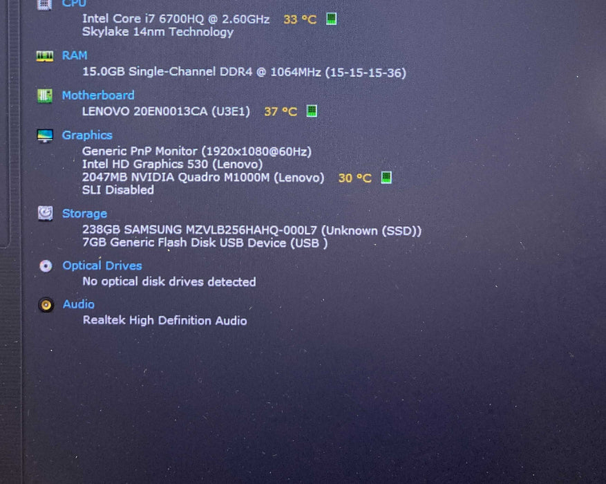 Lenovo ThinkPad P50 i7-6700HQ QUADRO M1000M 2GB GPU 16GB RAM 256GB SSD READ  Lap200