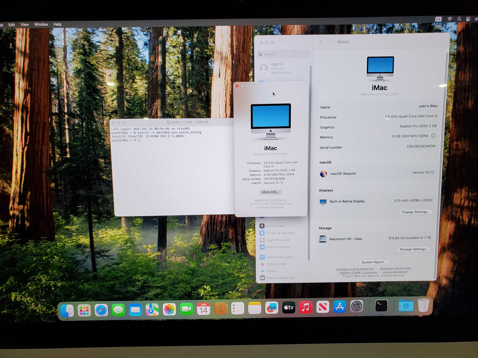 Apple iMac Retina 4K 2019 21.5" A2116, i3-8100 CPU 3.60GHz 8GB RAM 1TB