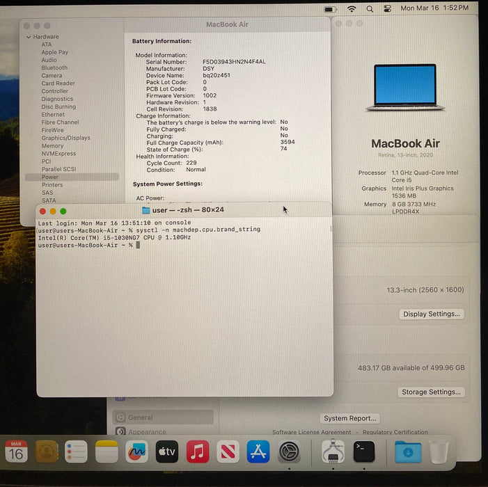 Apple MacBook Air 13" 2020 i5-1030NG7 8GB 512SSD No Power Adapter READ