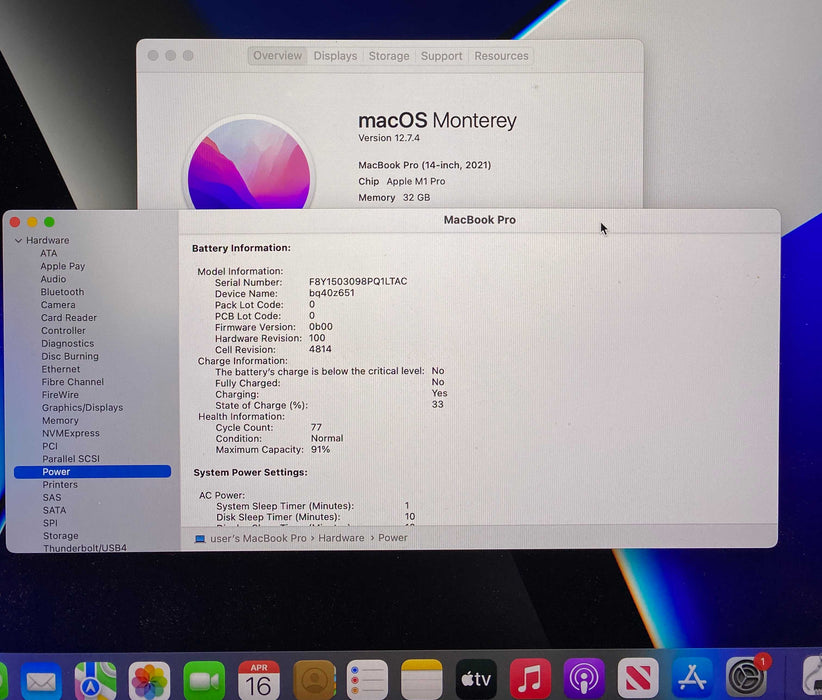 Apple MacBook Pro 14 ' 2021 M1 Pro 32GB RAM 1TB SSD No Power Adapter