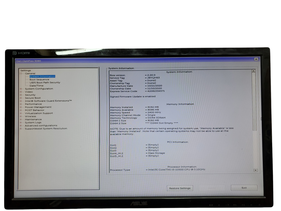 Dell OptiPlex 3080 Tower, i5-10500, 8GB DDR4, 256GB NVMe, No OS