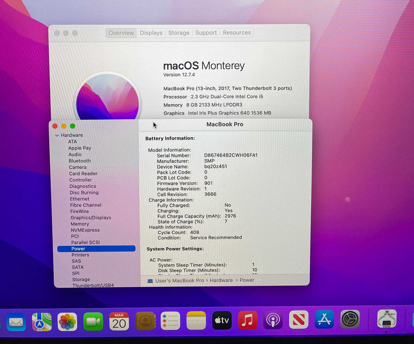 Apple MacBook Pro 13" 2017 i5-7360U 8GB 256SSD Battery Service Recommended