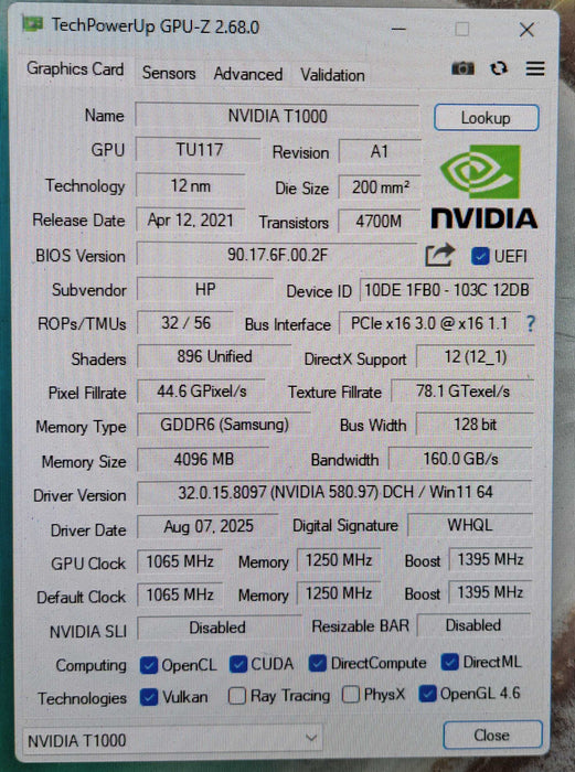 HP NVIDIA Quadro T1000 4GB GDDR6 PCIe Graphics Card | 4x MiniDP )
