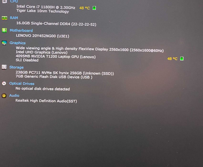 Lenovo ThinkPad P1 Gen 4 2K i7-11800H NVIDIA T1200 4GB GPU 16GB RAM 256SSD  Lap200