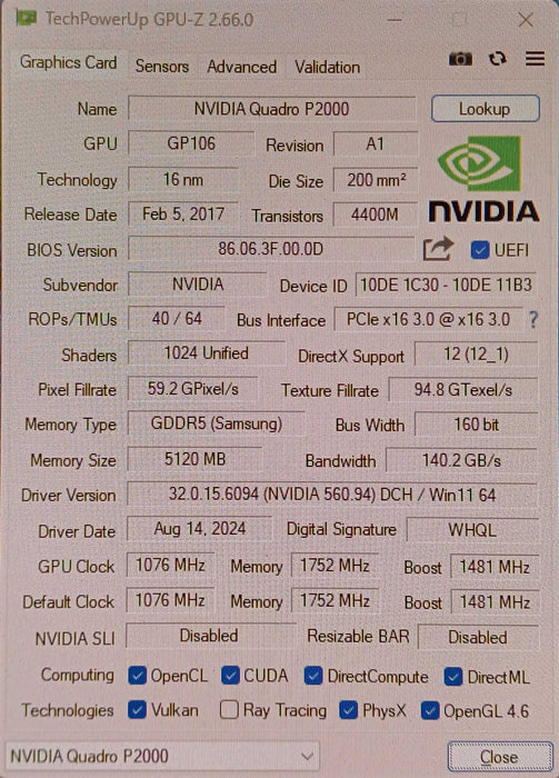 NVIDIA Quadro P2000 5GB GDDR5 Graphics Card, 4x DisplayPort