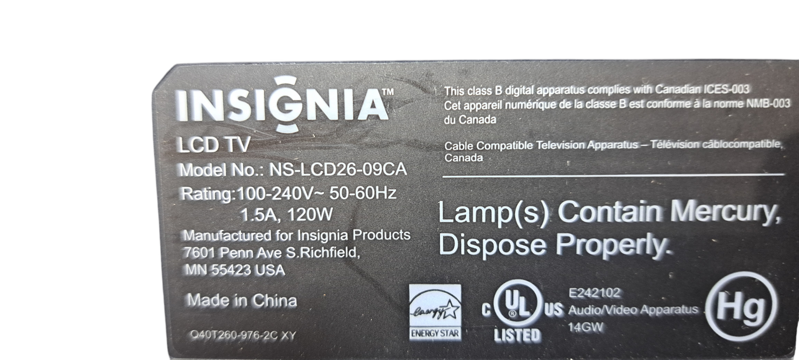 Insignia 26" LCD HD TV Model NS-LCD26-09