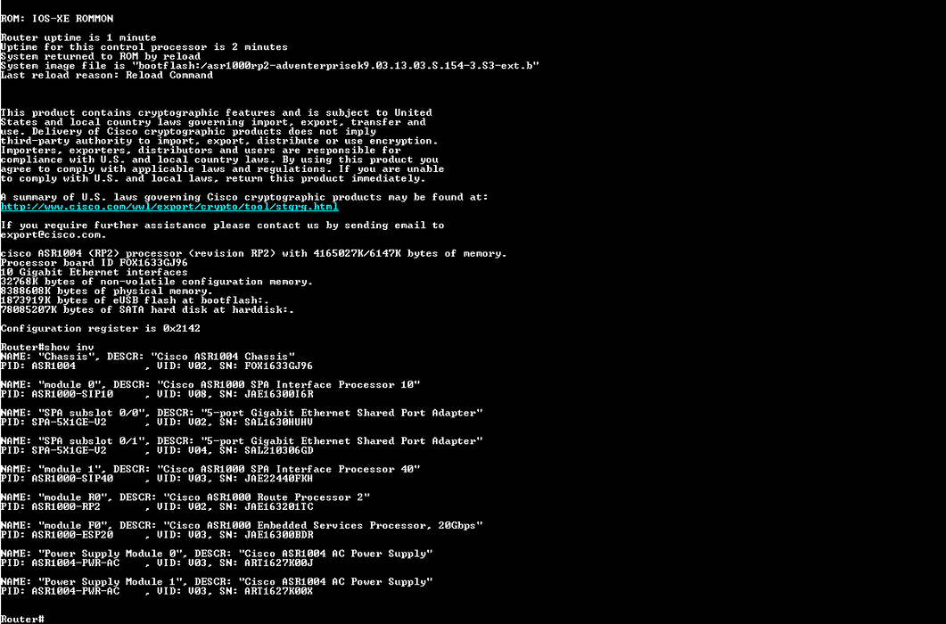 Cisco ASR1004 Router ASR 1000 Series w/ 2x SPA-5X1GE-V2, ESP20, RP2 DUAL AC )