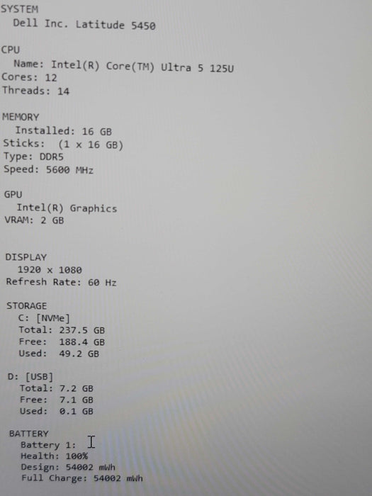 Dell Latitude 5450 Ultra 5 125U 16GB DDR5 256GB NVMe  READ β Lap200