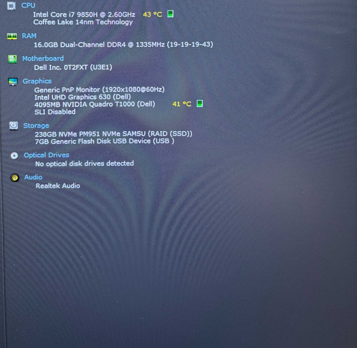 Dell Precision 7540 i7-9850H@2.6GHz QUADRO T1000 4GB GPU 16GB RAM 256SSD  Lap200