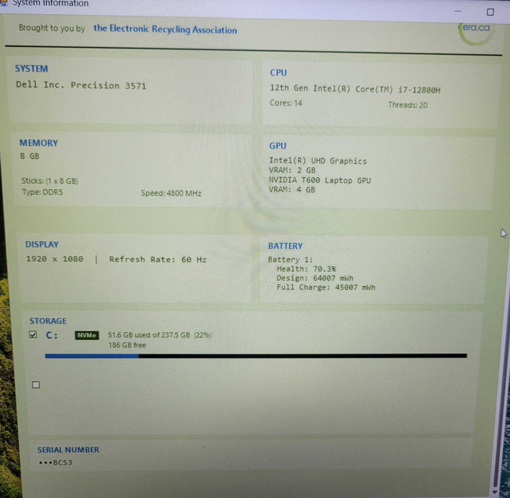 Dell Precision 3571 i7-12800H @ 2.40GHz 8GB DDR5 256GB NVMe Lap200