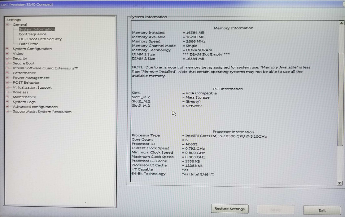 Dell Precision 3240 Compact Intel i5-10500 CPU 3.10GHz 16GB RAM 256GB P620