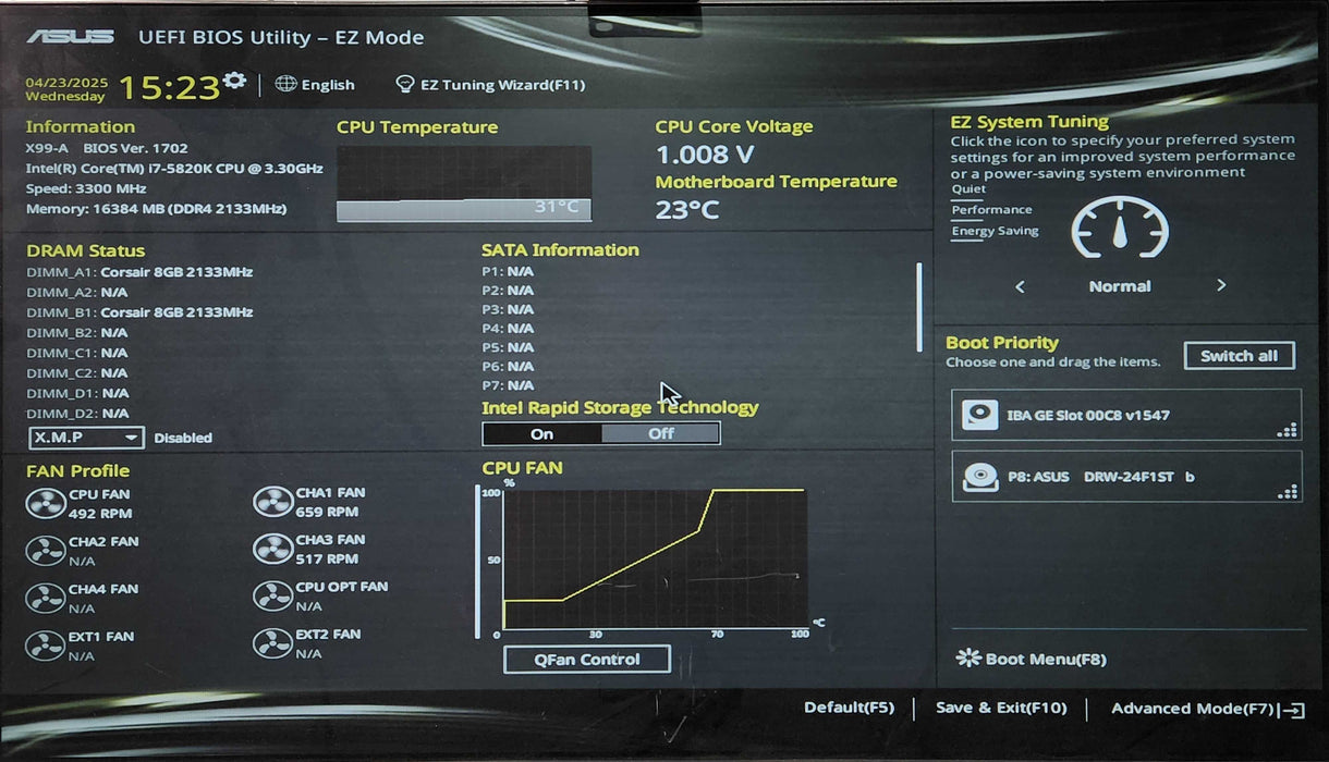 Custom PC, ASUS X99-A, i7-5820K 3.30GHz, 16GB DDR4, 760W PSU, No HDD/GPU Q