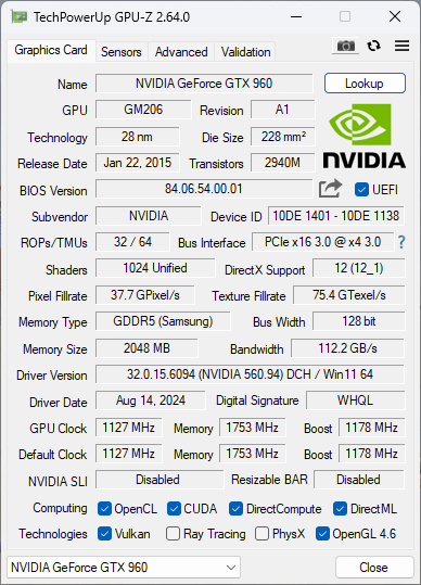 Nvidia GeForce GTX 960 2GB GDDR5 Graphics Card 0H4P1K - 3xDP 1xHDMI 1xDVI