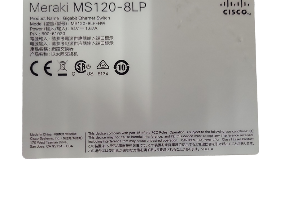 Cisco Meraki MS120-8LP 8-Port PoE Managed Switch. Claimed, read _