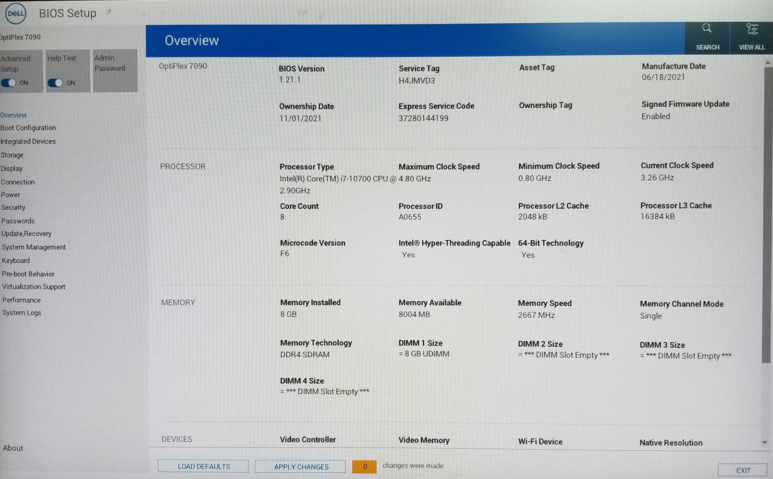 Dell OptiPlex 7090 Tower Intel i7-10700 CPU 2.90GHz 8GB RAM No HDD