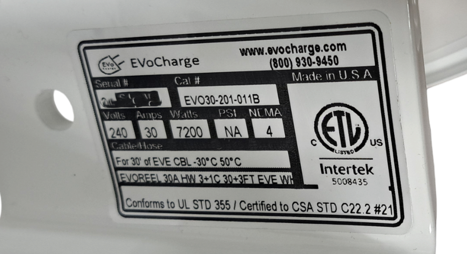 EvoCharge Cable Management System For EV- Model EVO30-201-011B Q