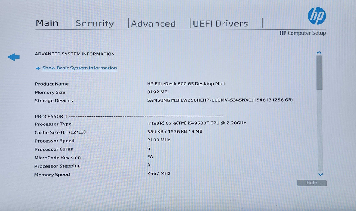 HP EliteDesk 800 G5 USFF, i5-9500T 2.20GHz, 8GB DDR4, 256GB NVMe, WiFi, PWR