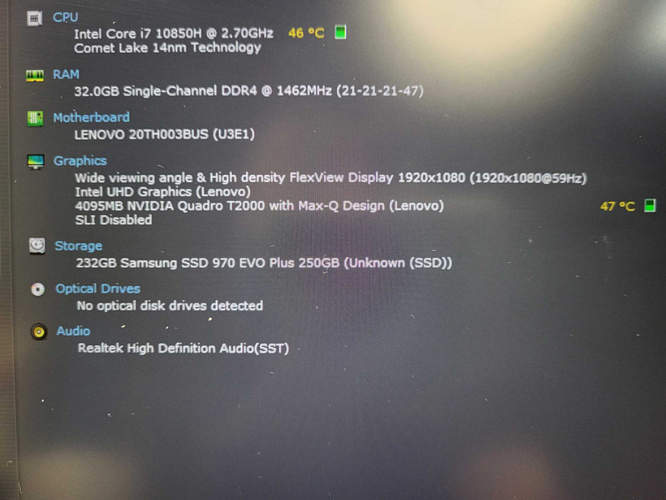 Lenovo ThinkPad P1 Gen 3 i7-10850H QUADRO T2000 4GB GPU 32GB RAM 250GB NVMe $ Lap200