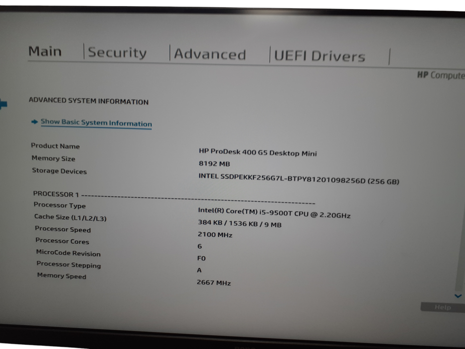 HP PRODESK 400 G5 i5-9500T @ 2.20 8GB DDR4 256GB NVMe