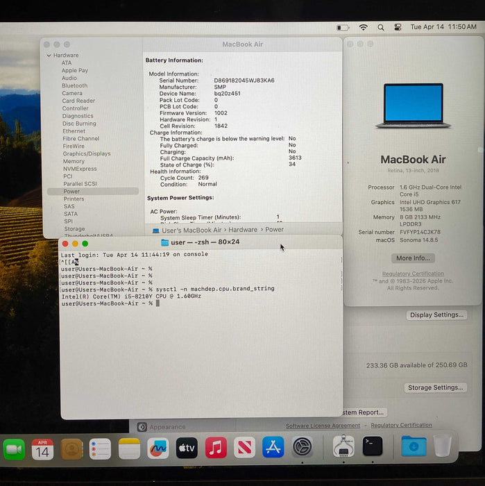 Apple MacBook Air 13" 2018 i5-8210Y 8GB 256SSD No Power Adapter READ!