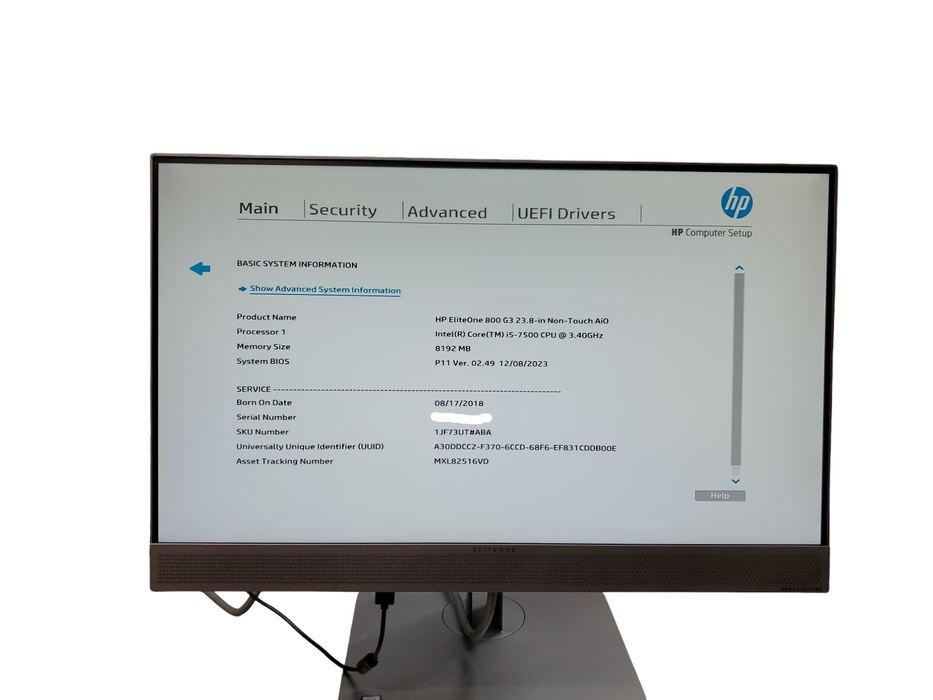 HP EliteOne 800 G3 AiO 23.8" Intel i5-7500@3.4GHz 8GB Fair No HDD/SSD