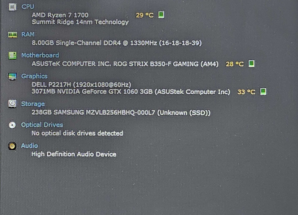 Custom PC, STRIX B350-F GAMING, Ryzen 7 1700, 8GB DDR4, 256GB NVMe, GTX1060