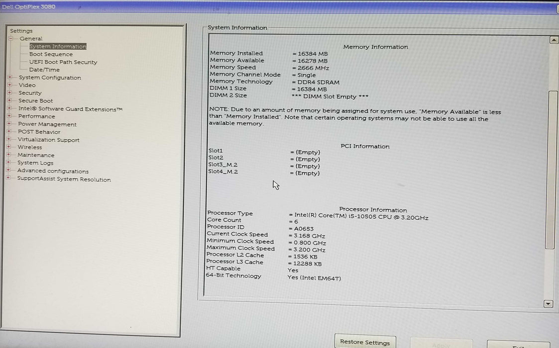 Dell OptiPlex 3080 SFF, Intel i5-10505 CPU 3.20GHz, 16GB RAM - No HDD Q