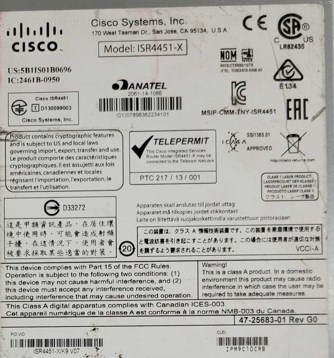 CISCO ISR4451-X/K9 Integrated Services Router, ipbasek9, appxk9, securityk9 _