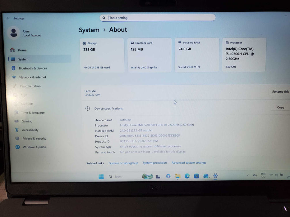 Dell Latitude 5511 Core i5-10300H@2.5GHz 24GB RAM 256GB SSD  Lap200