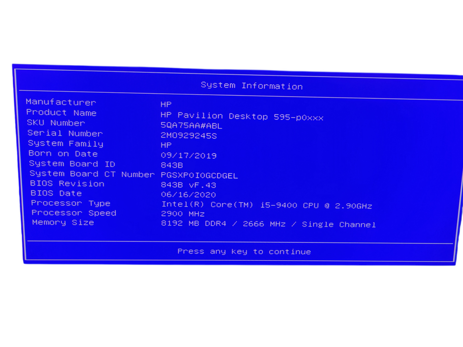HP Pavilion Desktop 595 - Core i5-9400 8GB DDR4 NO HDD %