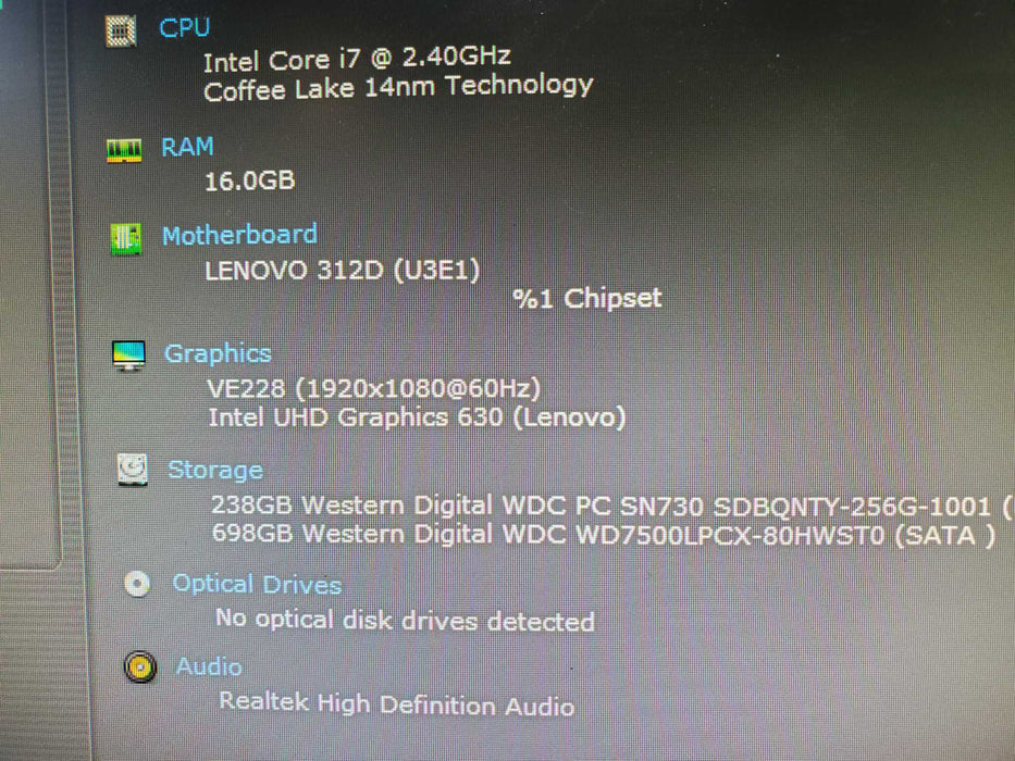 Lenovo ThinkCentre M720q i7-8700T 2.4GHz 16GB RAM 256GB NVME 750HDD WIFI