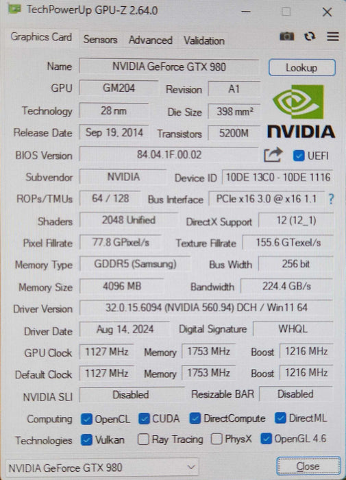 NVIDIA GeForce GTX980 4GB GDDR5 PCI Express 3.0 Graphics Card