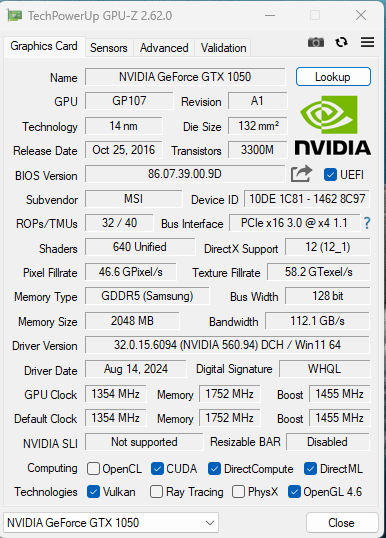 MSI NVIDIA GTX 1050 2GB GDDR5 Low Profile Graphic Card Q