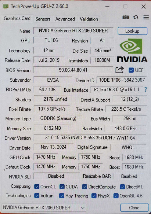 EVGA GeForce RTX 2060 Super 8GB GDDR6 Graphics Card