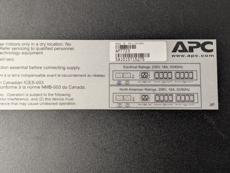 APC AP7723 Automatic Transfer Switch Redundant Rack-Mountable 208/230V -