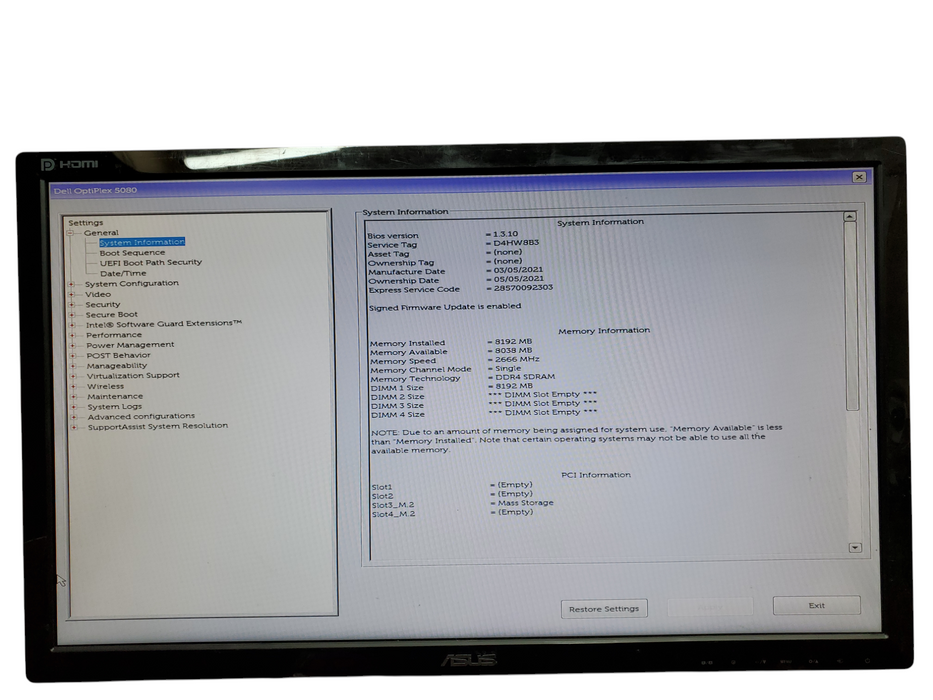 Dell OptiPlex 5080 SFF, Core i5-10500, 8GB RAM, 256GB NVMe, No OS