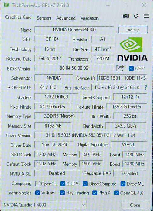 NVIDIA Quadro P4000, 8GB GDDR5 PCIe Professional Graphics Card, 4x DP !